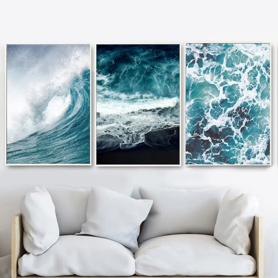 

Sea Wave Whale Posters and Print Blue Seascape Canvas Painting Aesthetic Decorative Pictures On The Wall for Living Room