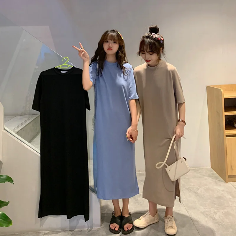 T Shirt Dress Women Summer Casual Loose Dresses Short Sleeve O Neck Tunic Long Maxi Side Slit Solid Color Dress  Clothes