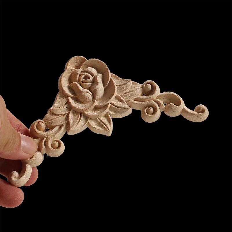 Unpainted Exquisite Classical Wood Decal Onlay Wood Applique Mouldings Floral Corner Wooden Furniture Decoration Accessories