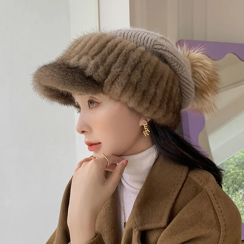 

2021 New Women Mink Fur Hats Knitted Wool Caps with Fox Fur Ball Tops Warm Beanies Girl Fashion Peaked Cap Mink Fur Stripes