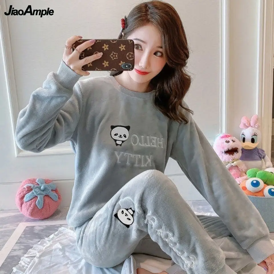 Flannel Pajamas Women Winter Warmth Thickened Long-sleeved Trousers Pijamas Two-piece Female Cute Nightwear Home Clothes Suit