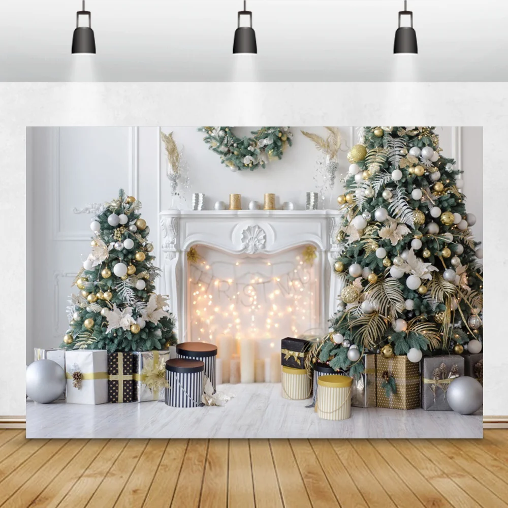 

Laeacco Christmas Tree Interior Scene Fireplace Candle Gift Decor Background Banner Baby Portrait Photography Photo Backdrops