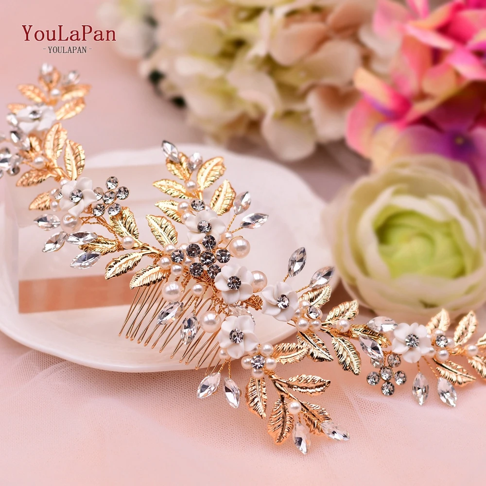 YoulaPan-Pente De Cabelo Floral De Ouro Para Mulheres, Pérolas De Cristal Headpiece, Acessórios De Cabelo, Noiva Jóias, Grampos De Cabelo, HP368