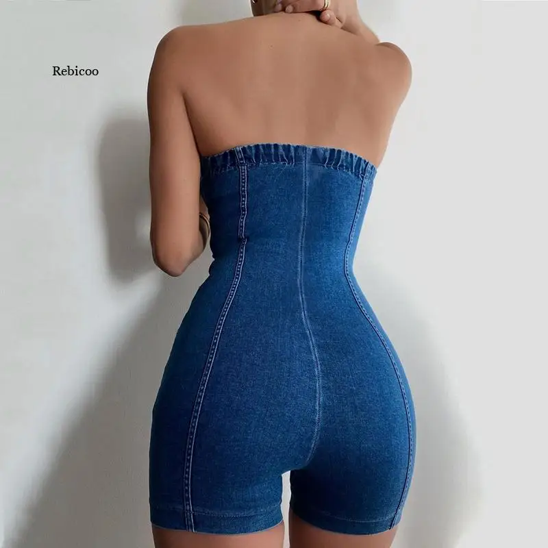 الدنيم رومبير السراويل Bodycon منصات Underwire للإزالة حزام أكمام الجينز Playsuit المرأة الصيف حفلة ملابس غير رسمية