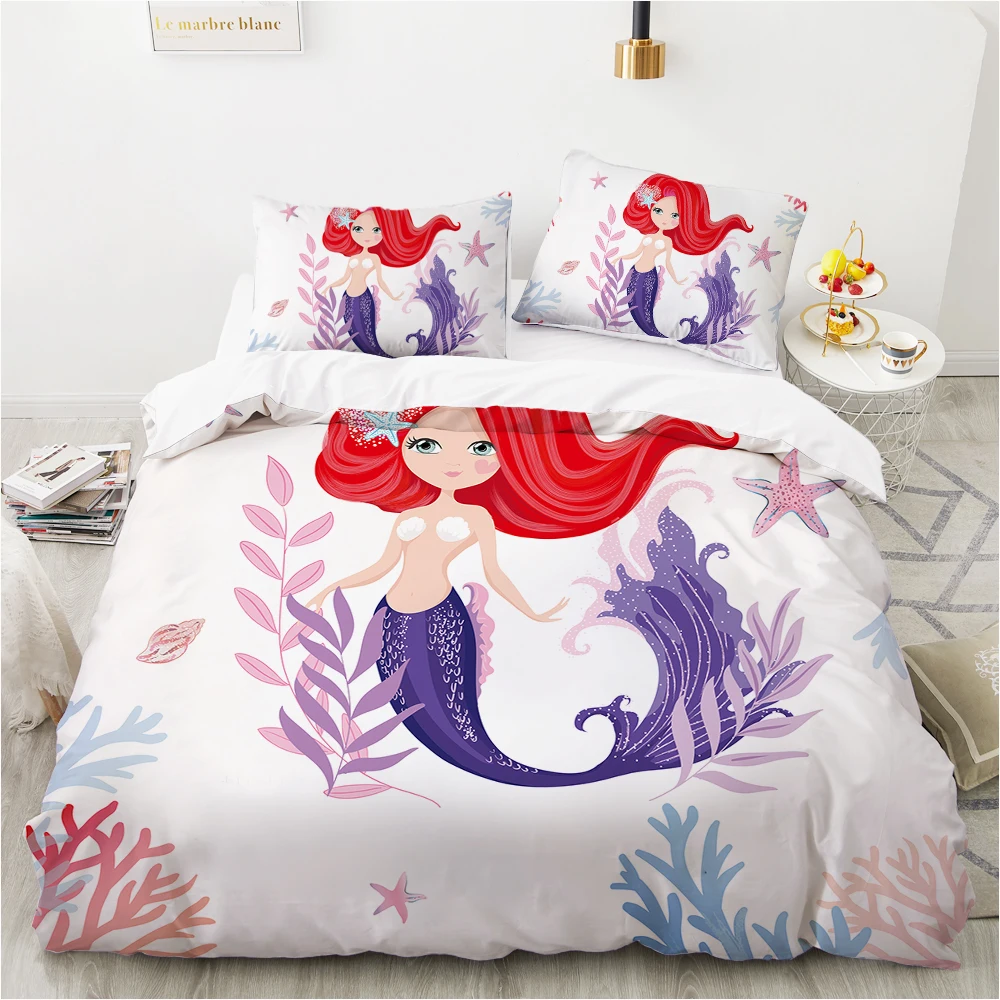 Cartoon Kids Bedding set For home Baby child girl Duvet Cover Set 2/3Pc Bed Linen 140x200 200x200 Mermaid princess White coral