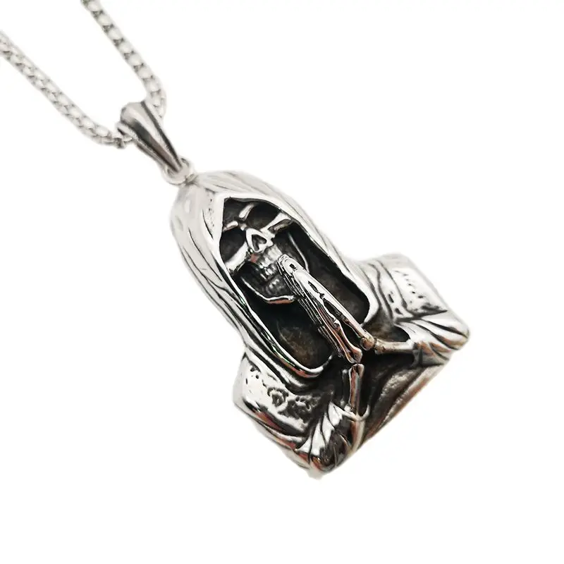 

2021 SS New Cloaked Death Praying Pendant Necklace Vintage Silver Stainless Steel Mens Cool Death Necklace Fashion Jewelry Gift