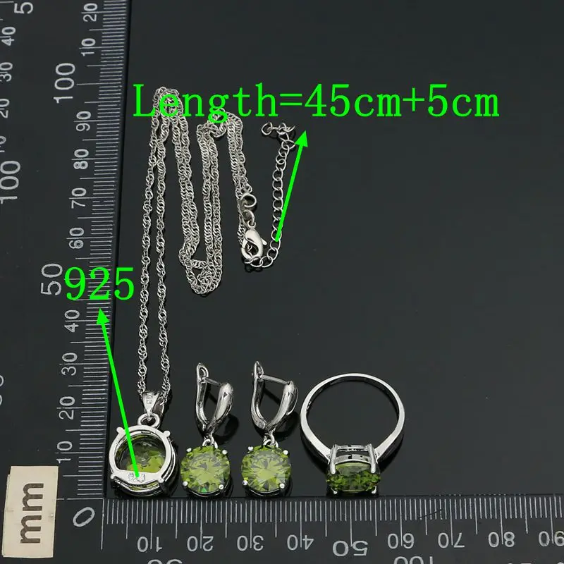 Olive Green Jewelry Set Cubic Zirconia 925 Silver Ring Earrings Chain Pendant Retro Jewelry Girl Accessories for Party