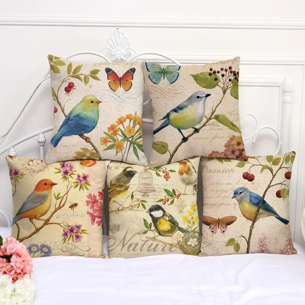 Beautiful Bird Pillow Flora Fauna Cushion Printed Throw Pillowcase for Home Sofa Decorative Pillow