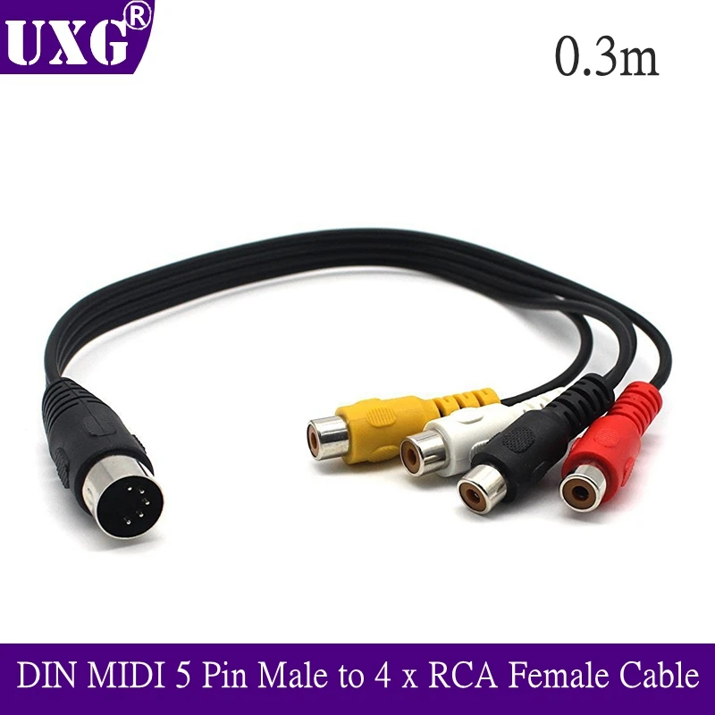 1FT DIN MIDI 5 Pin męski na 4 x kabel żeński RCA MIDI DIN 5 Pin męski wtyk Din na 4 x RCA Phono wtyk żeński kabel Audio 0.3m/30cm