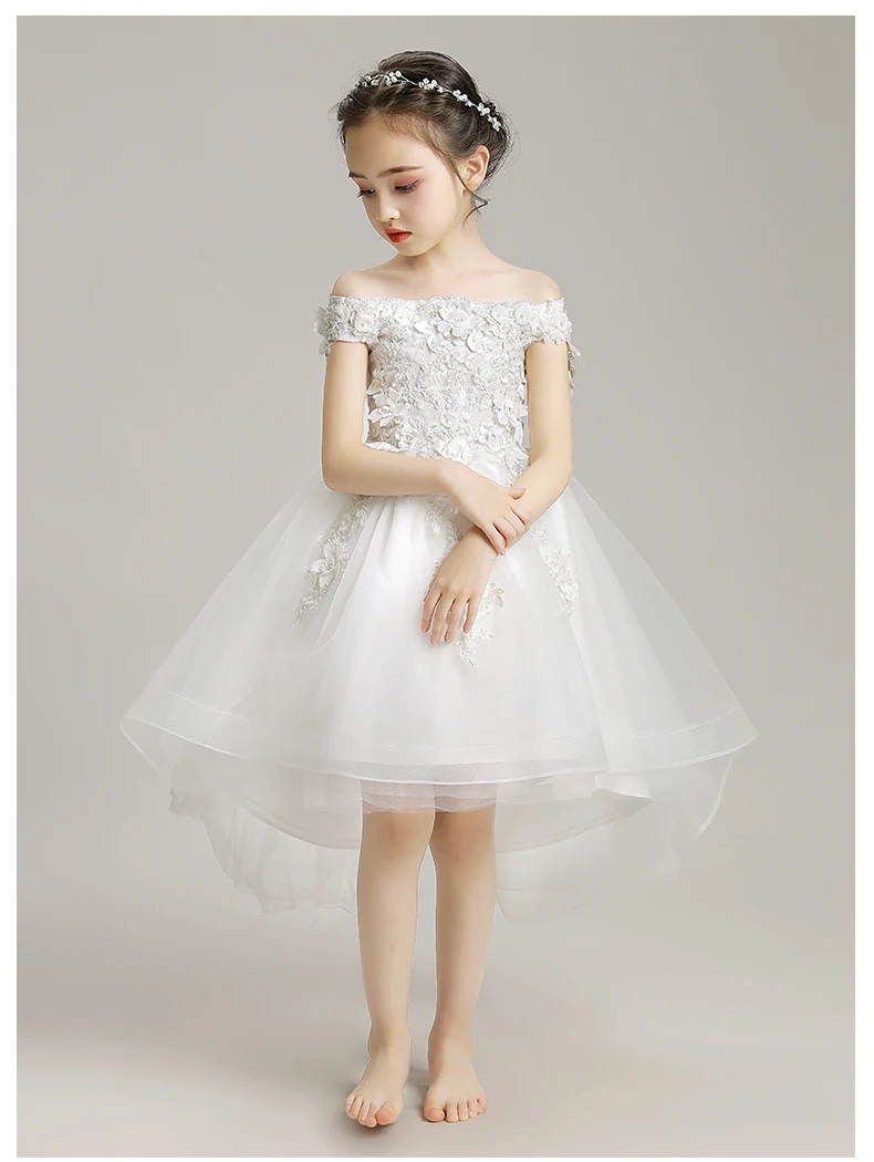 White Lace Embroidery Flower Girl Dress For Wedding Off Shoulder Kids Princess Party Events Dress Baby Girl First Communion Gown