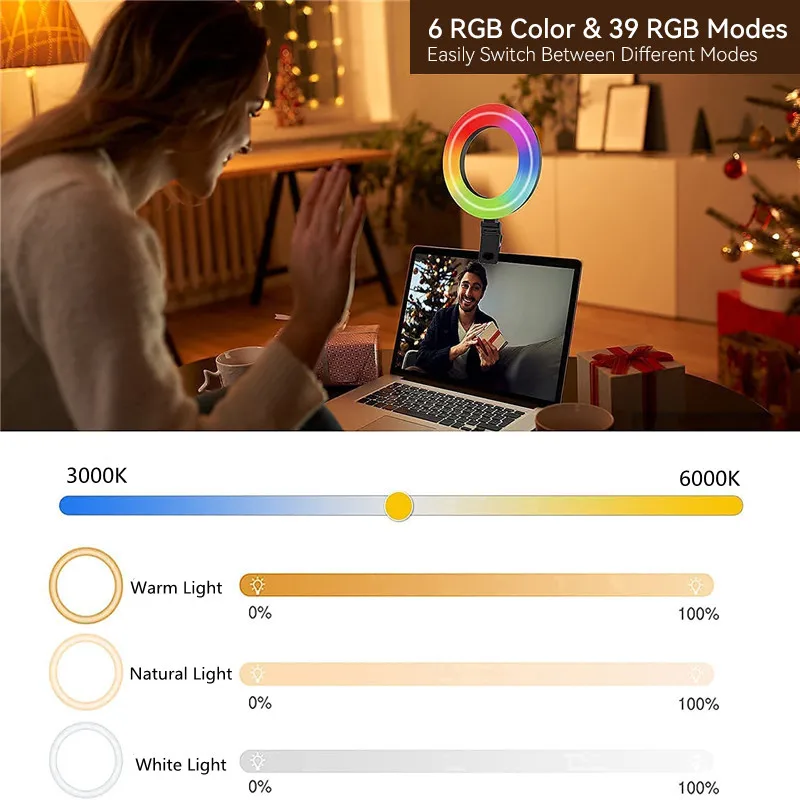 RGB LED Selfie Ring Light Video Conference Light With Clip Stand For Smartphone Tablet Laptop Webcame Fill Lamp For Selfie Video