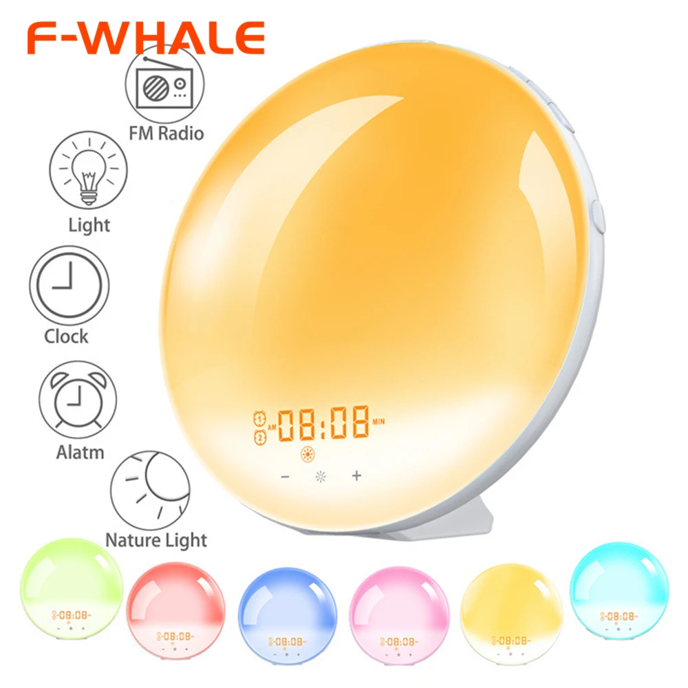 ธรรมชาติ Wake Up Light Snooze นาฬิกาดิจิตอลนาฬิกาปลุกจำลอง Sunrise & Sleep Aid ห้องนอนที่มีสีสันข้างโคมไฟกลางคืน FM วิทยุ