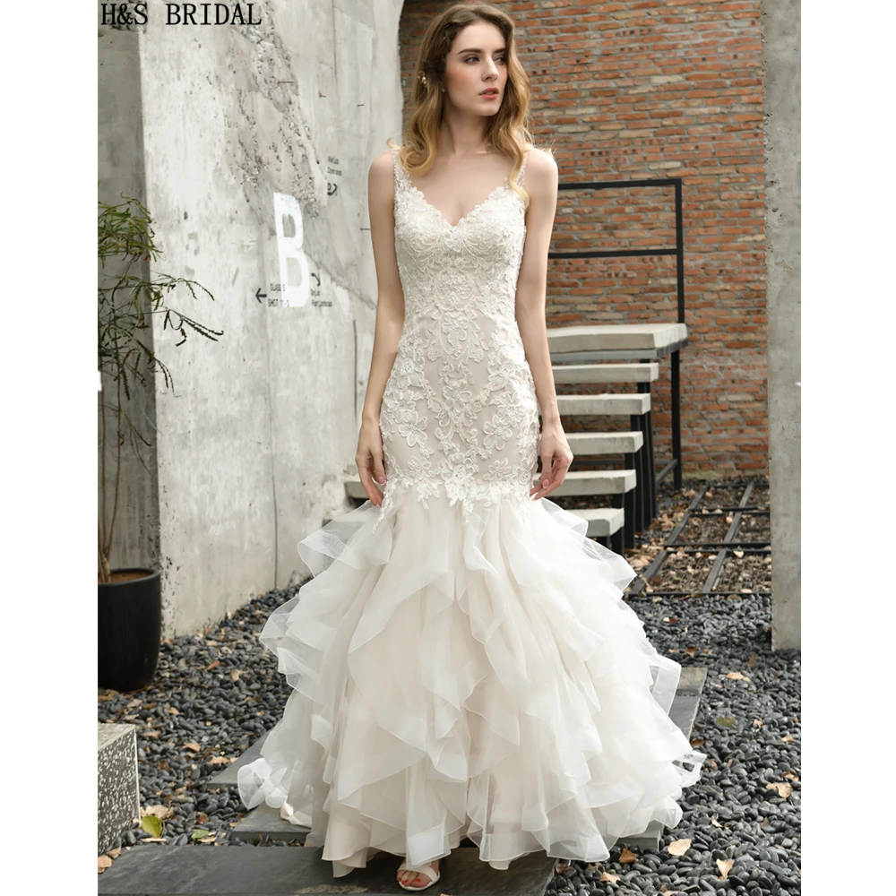 

H&S BRIDAL Lace Mermaid wedding Gown V Neck Backless Designer Wedding Dress Straps Layer Wedding Dresses 2020 vestido de noiva