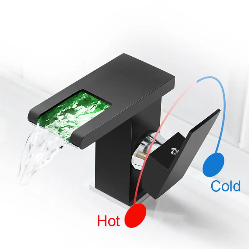 DOOKOLE LED Waterfall Bathroom Basin Faucet, Single Handle Cold Hot Water Mixer Sink Tap RGB Color Change Powered by Water Flow