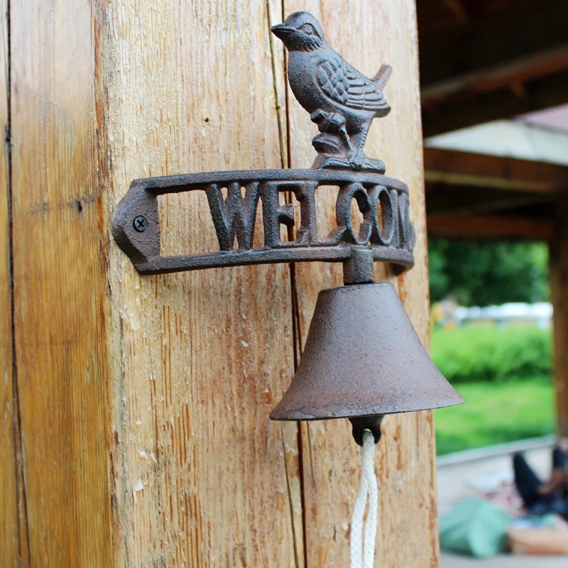 Rustic Cast Iron Bird Wall Mounted Bell With Arc Welcome Signs For Countryside Home Garden Decoration Hand Cranking Ring