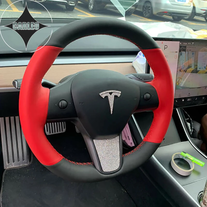 

DIY Car Steering Wheel Cover for Tesla Model 3 Y Genuine Red Leather Custom Hand Stitching Holder Top Layer Wrap Handlebar