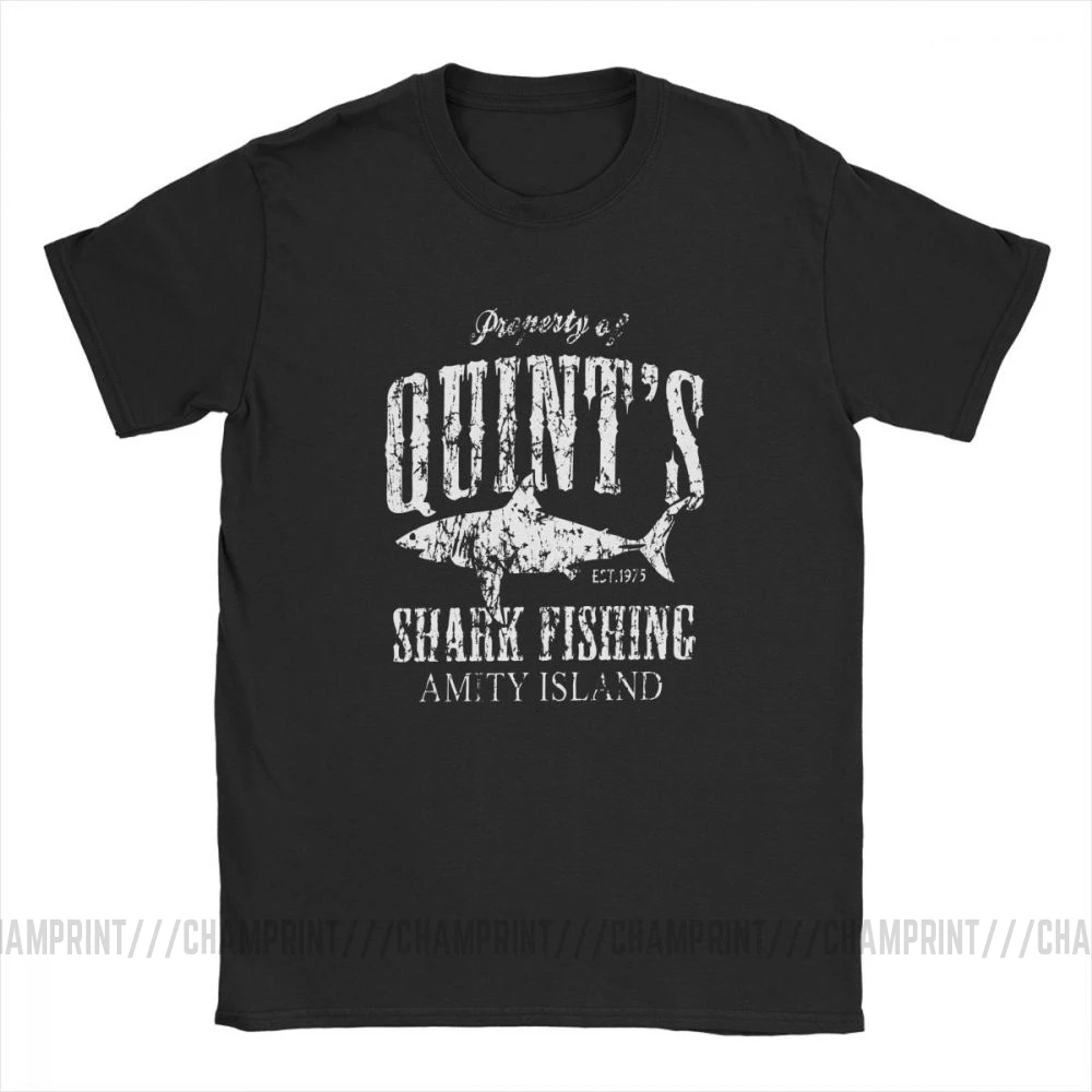 Men\'s T Shirts Quints Shark Fishing Amity Island Funny Short Sleeve Jaws 70s Fish Tees O Neck Clothes Pure Cotton Gifts T-Shirt