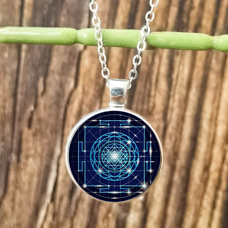 Geometry Metatron Cube Necklace for Men Lady Sri Yantra Flower of Life Glass Round Pendant Chain Necklaces Hexagram Jewelry