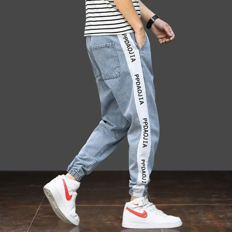 Vintage Mens Jeans Blue Black Cargo Pants Loose Harem Pants Ankle Banded Casual Trousers Hip Hop Streetwear Stretch Joggers