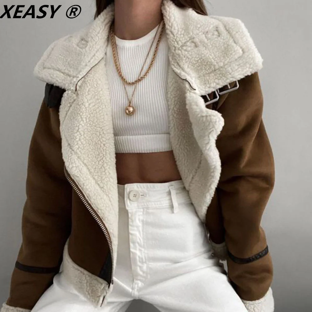 XEASY-Chaqueta de invierno para mujer, ropa Vintage, cuello vuelto, cremalleras informales, chaquetas de doble cara, abrigo cálido para mujer, 2021