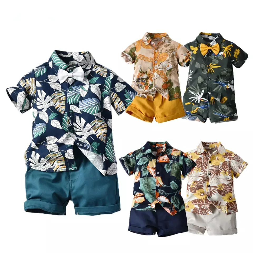 

Top and Top Hawai Boy Clothing Set Summer Fashion Floral Short Sleeve Bowtie Shirt+shorts Boy Casual Clothes Gentleman 2Pcs Suit