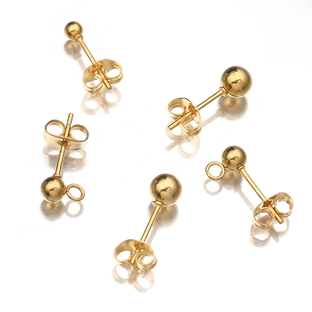 

10Pcs/Lot Stainless Steel Gold 3mm 4mm 5mm Bead Ball Stud Earrings Loop Post Earring Connectors Supplies For Diy Jewelry Making