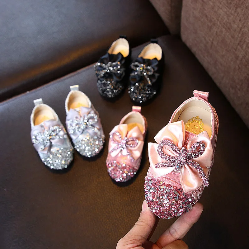 

Girls Princess Bow Shoes Fashion Sequins Glitter Leather Kids Flats Children's Loafers Party Wedding Halloween Shoes