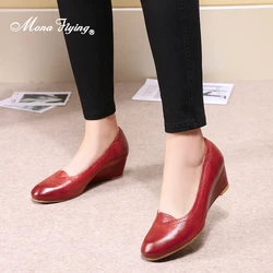 Mona Flying Women's Genuine Leather 5cm Wedge Heels Pumps Comfy Handmade Slip on High Heel Office Dress Shoe for Ladies 078-A13