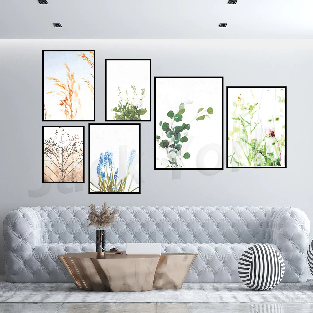 Botanical Prints, Eucalyptus, Wheat, White Flowers, Grass, Blue Hyacinth, Wildflowers, Branches, Neutral Wall Art