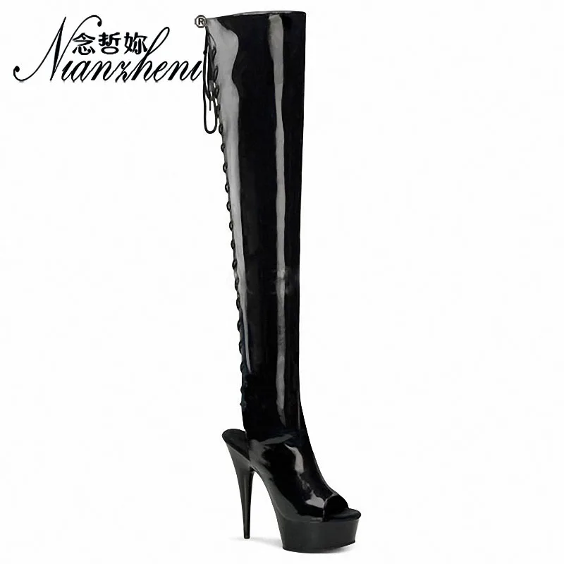 6Inch thin high heel Plus Size 12 Exotic Over The Knee Boots 15cm platform open toe women Lace Up stripper heels boots leather