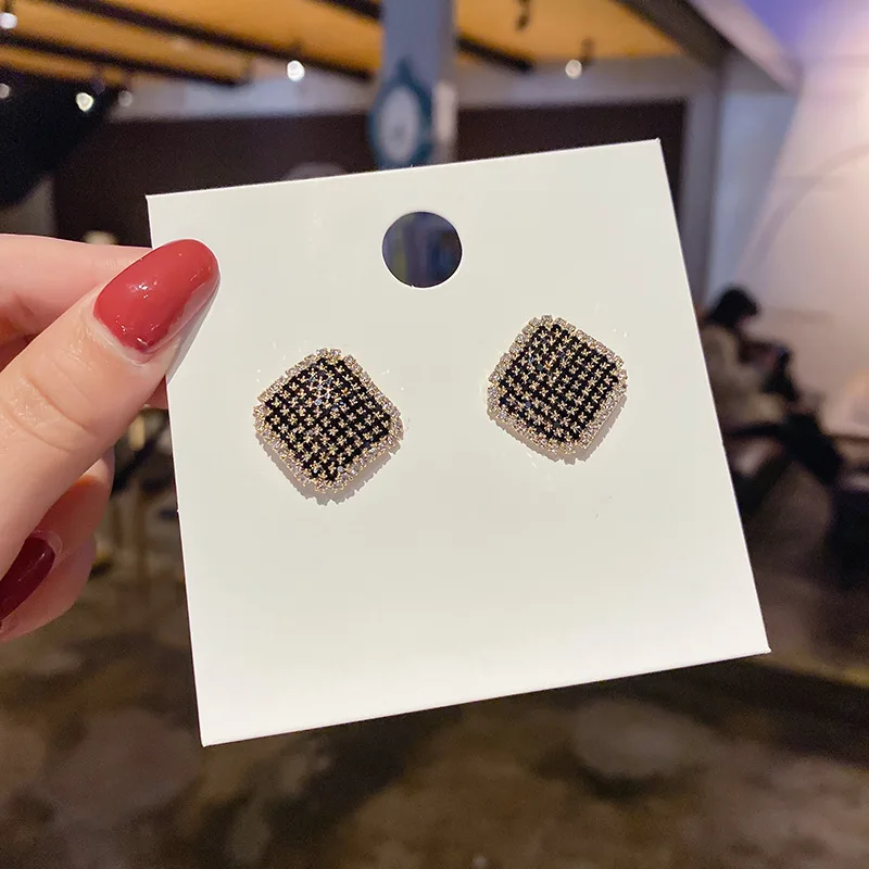 New Geometric Square Earrings Black Gem Simple Diamond Shape Ear Jewelry Female