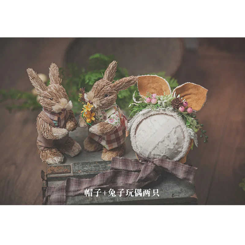 Accessoires de photographie de nouveau-né, chapeau de lapin en paille de Style campagnard de noël, tenue de Studio pour séance Photo de bébé fille