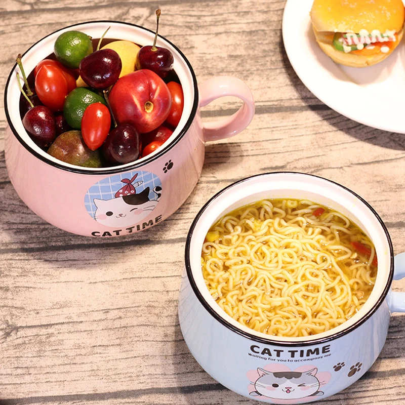 Ceramic Ramen Bowl Japanese Fast Food Bowl With Lid Spoon Large Capacity Cute Cat Instant Noodle Bowl Fruit Tableware Kitchen