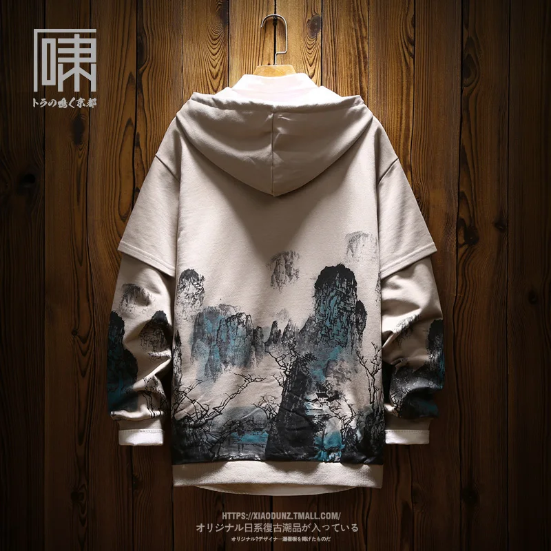 Trendy Brand Chinese Style Ink Painting Fake Two-Piece Hooded Sweater Men's Japanese Gradient Color Velvet Padded plus Size Coat