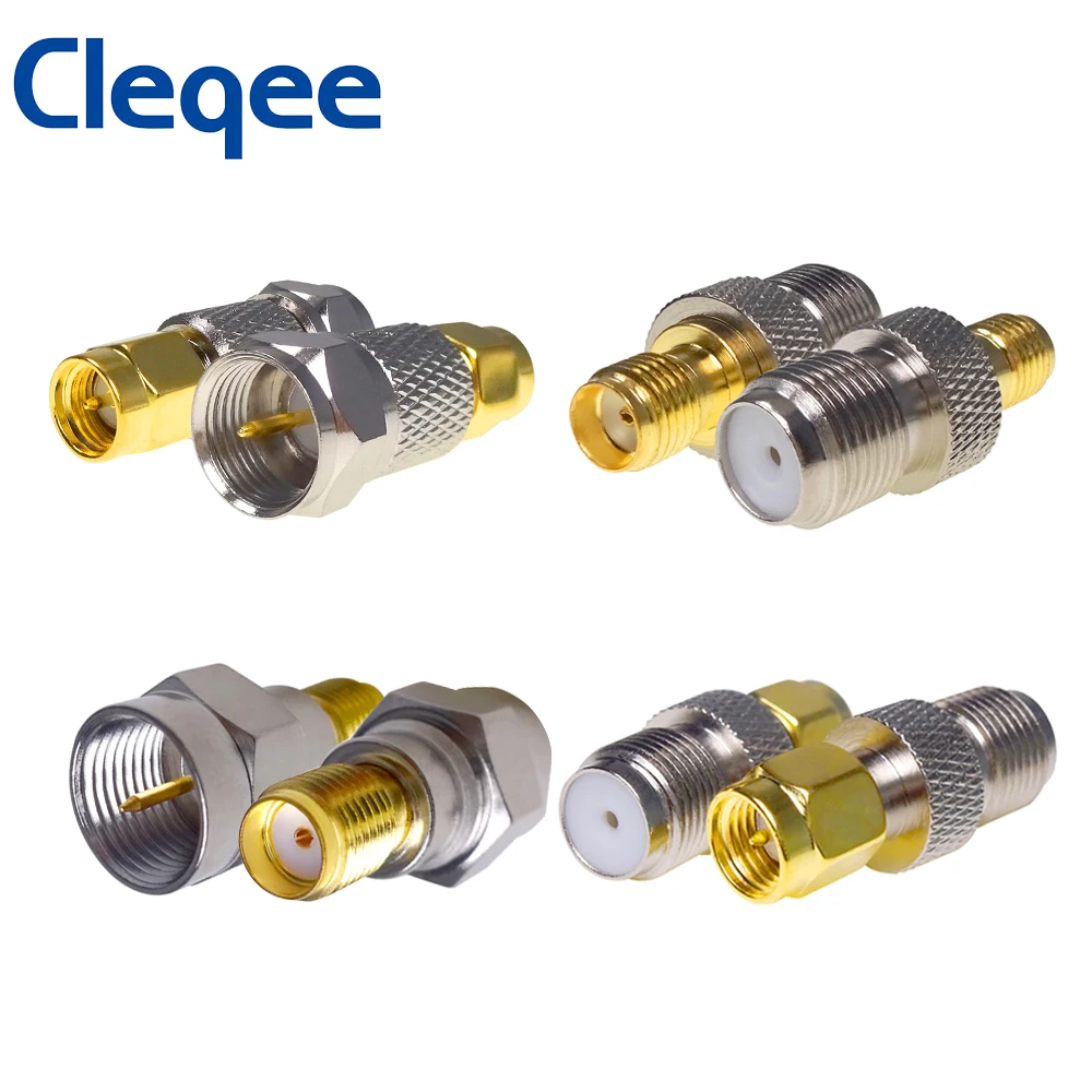 Cleqee 1PC F Connector To SMA Convertor Female Jack To Male Plug Straight RF Coaxial Adapter Gold Tone