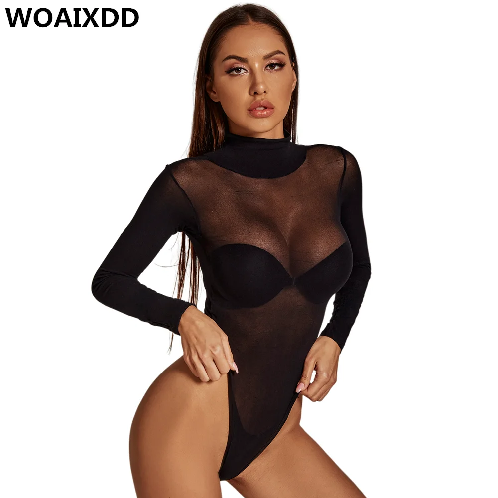 Bodysuit Long Sleeve Women Body Streetwear Dropshipping Sexy Bodycon High Neck Perspective Basic Black Overalls Top Clubwear