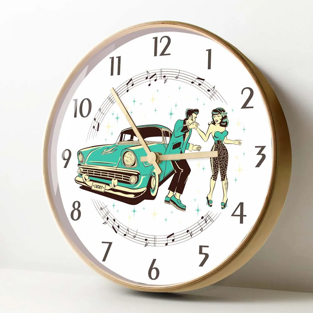 Teddy Boy Hotrod Classic Car Modern Design Wooden Frame Printed Wall Clock Rockabilly Dancing Girl Music Notes Home Decor Watch