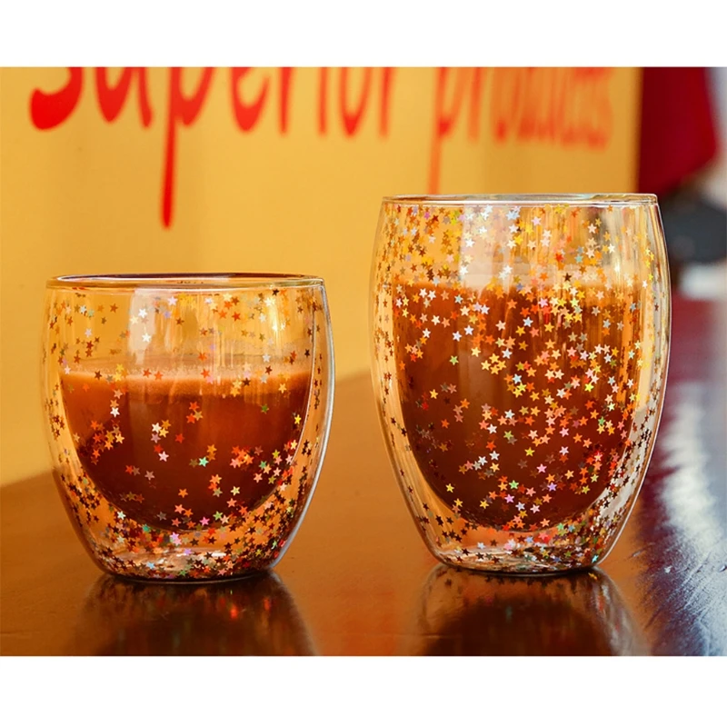 Transparent Glass Coffee Cup Double Wall Heat-Resistant Glass Cup Creative Sky Star Sequins Cup Whiskey Beer Milk Mug