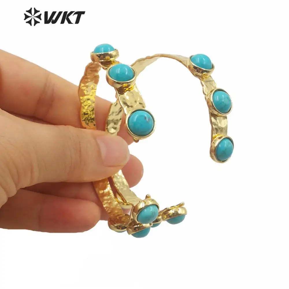 WT-B552 Charming Natural Green Stone Bangle With Gold Eletroplated Adjustable Cuff Bangle Stone Beads Bangle Fashion