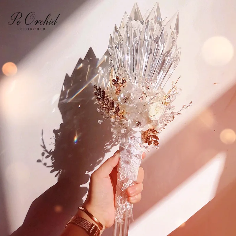 PEORCHID Bling Bling Crystal Wedding Bouquet Gold Leaf Custom Pearl Brooch Bride Holding flowers Luxury Boeket Bruiloft