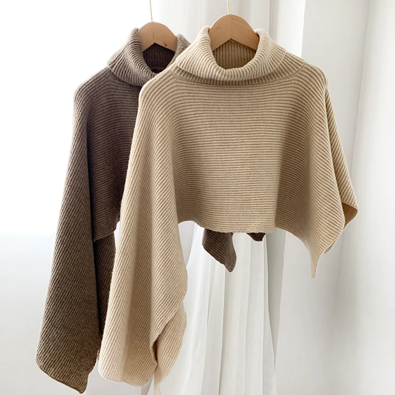 Vintage Fashion Pullover Sweater Poncho Women Elegant Turtleneck Irregular Knitted Cape Solid Cloak Top Ponchos Mujer