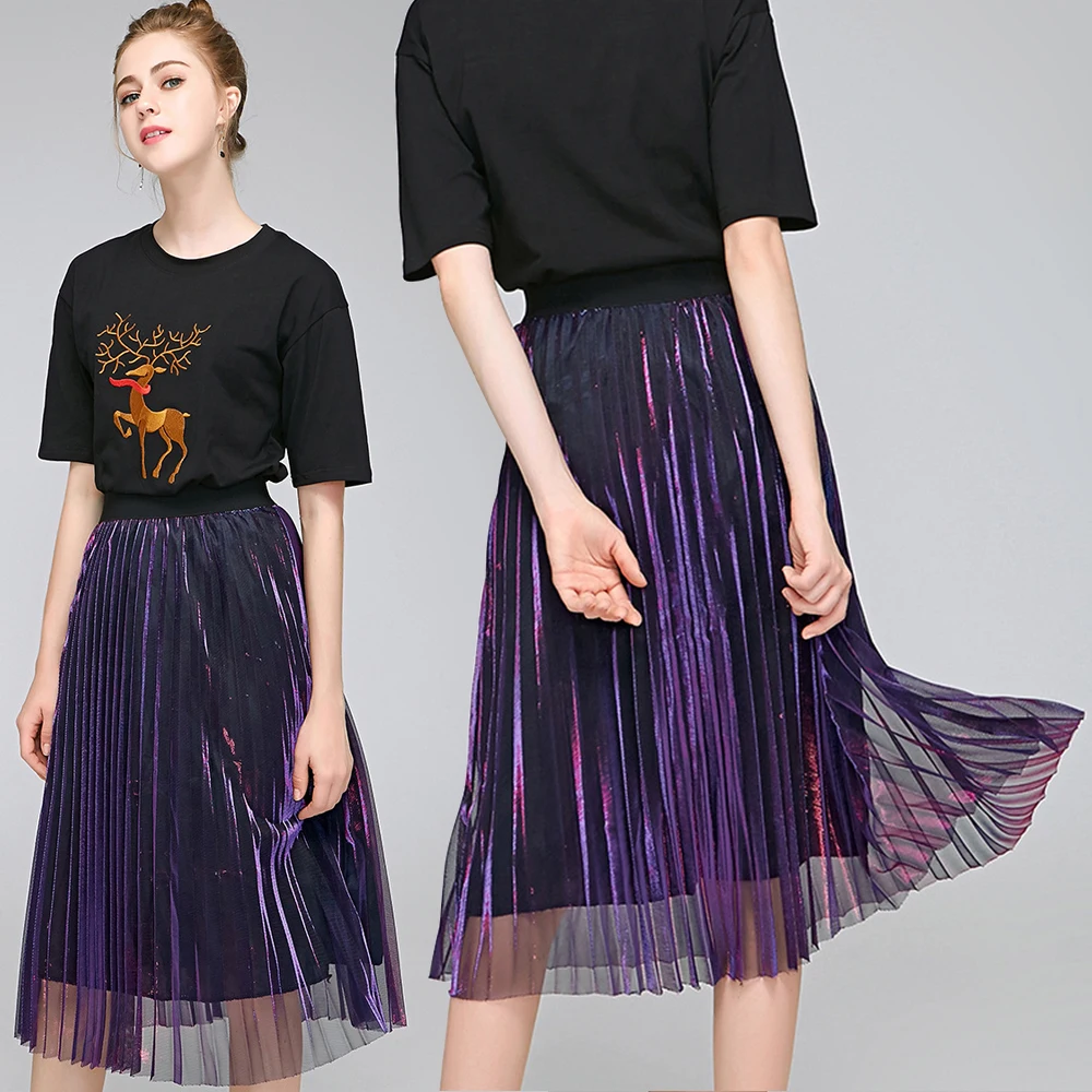 Pleated Skirts Women 2019 Summer Jupe Femme Elastic High Waist Vintage Gradient Color Party Falda Mujer Solid Casual Midi Skirt