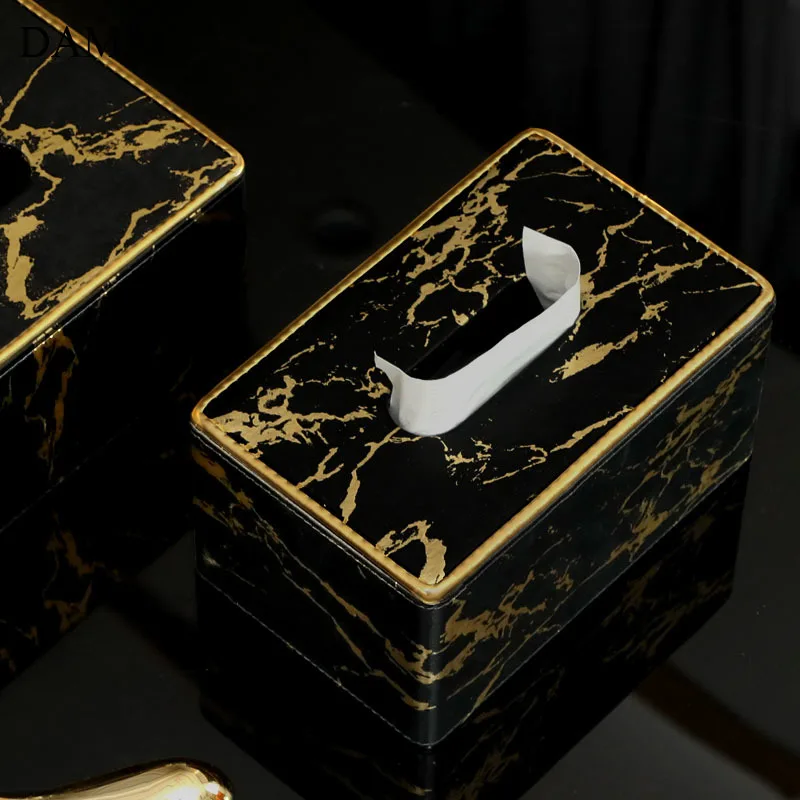 Marble Texture Leather Car Tissue Holder European Modern Gold Inlay Decorative Pumping Paper Storage Box Home Napkins Organizer