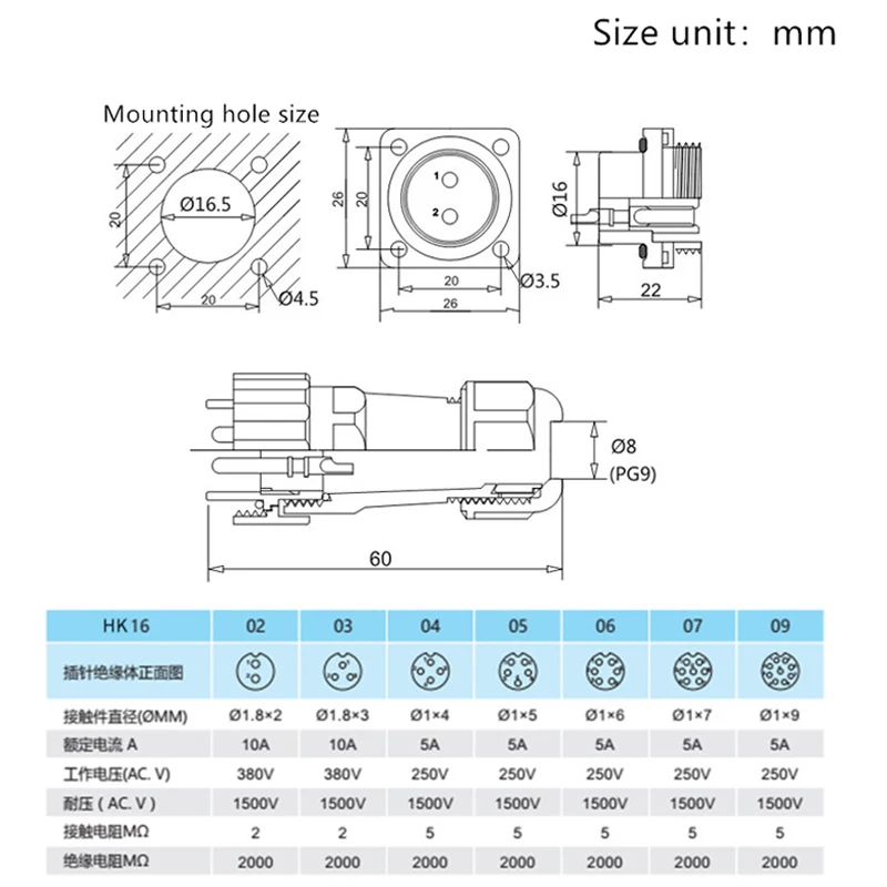 SP16 IP68 Square Type Plug Waterproof Connector Aviation Plug and Socket Male And Female 2 3 4 5 7 9 PIN Connectors