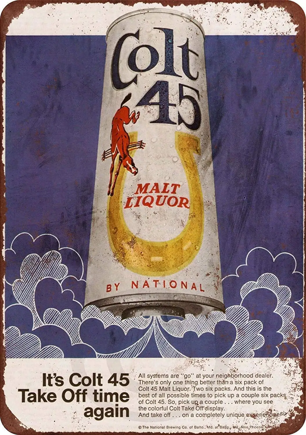 New  1969 Colt 45 Malt Liquor and Moon Rockets Vintage Aluminum Metal Sign 8X12 Inches