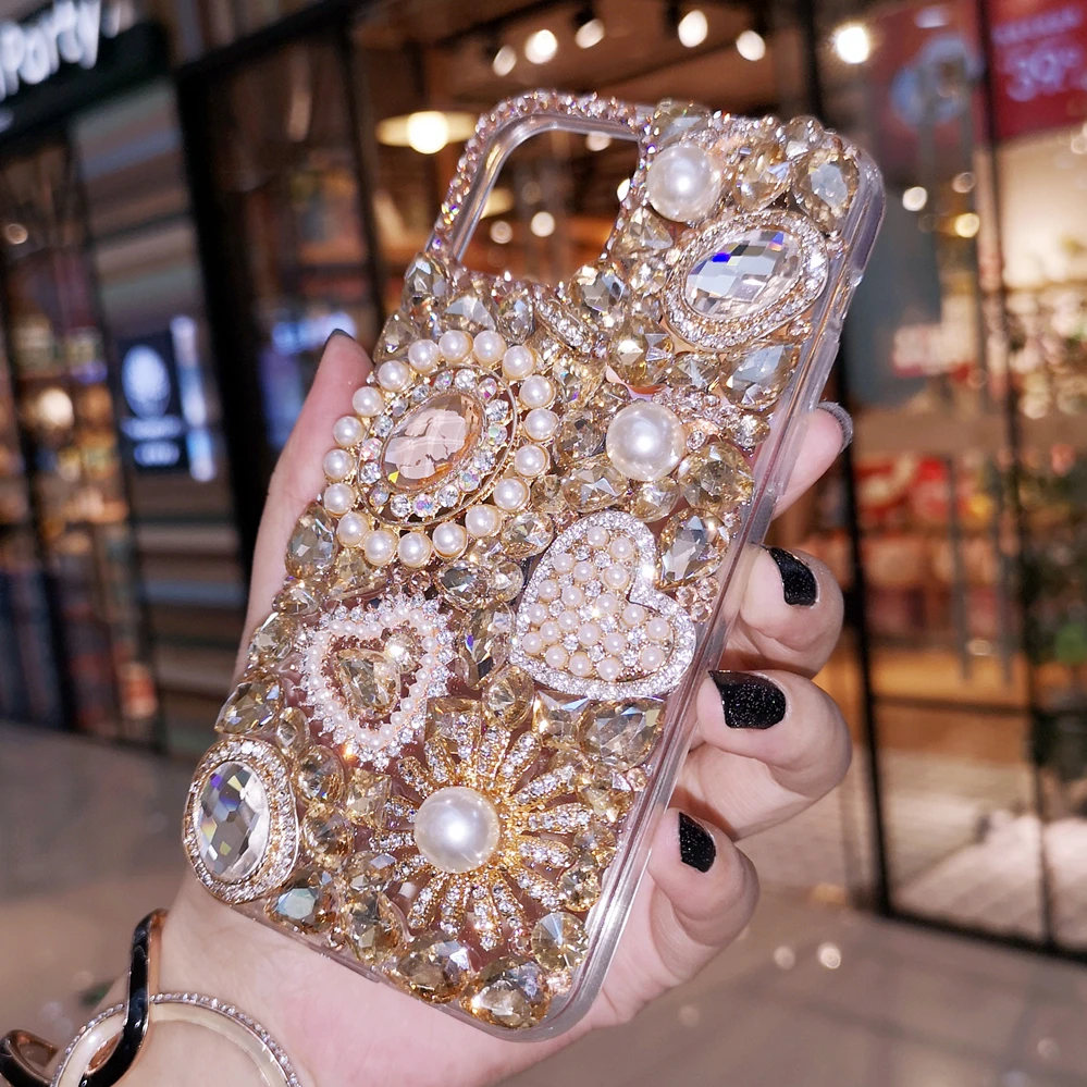 Bling Gold Crystal Pearl Diamond Gem Flower Case Cover For iPhone 15 14 13 12 Mini 11 Pro XS Max XR X 8 7 Plus SE Handmade Case