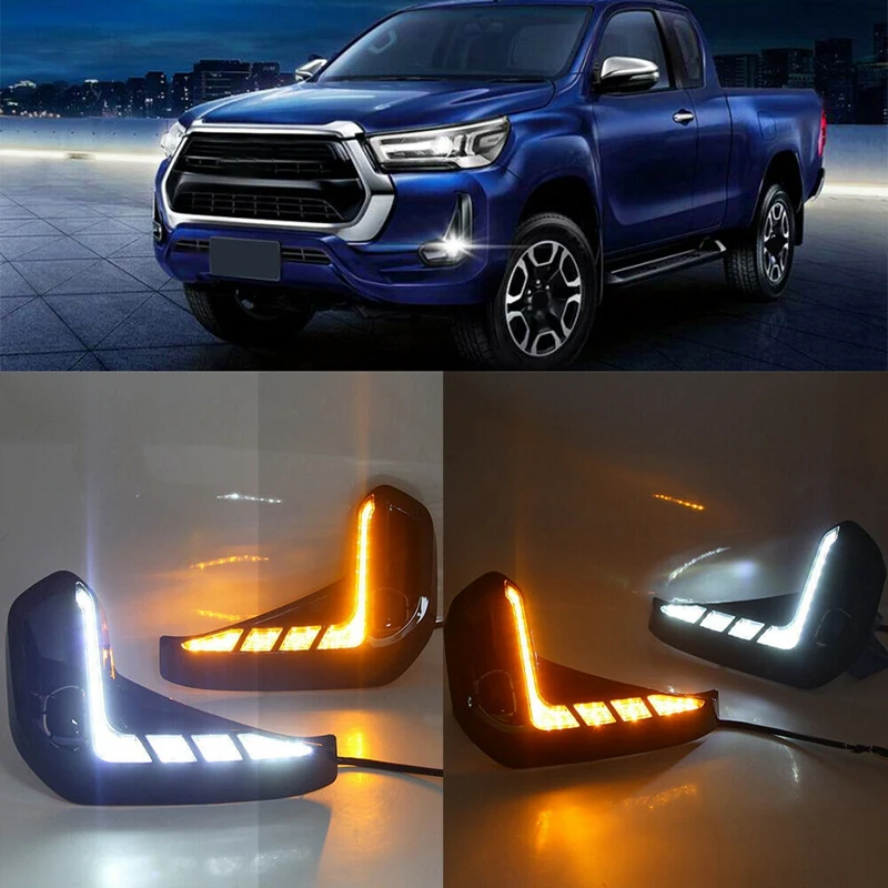 for Toyota Hilux Revo 2020 2021 LED DRL Daytime Running Lights with Turn Signal Bumper Fog Light Driving Lamp