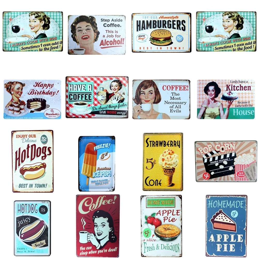 Signes en métal vintage pour la décoration intérieure, peinture de gâteaux, affiche d'art de tarte aux pommes, boulangerie, cuisine, décoration murale de café