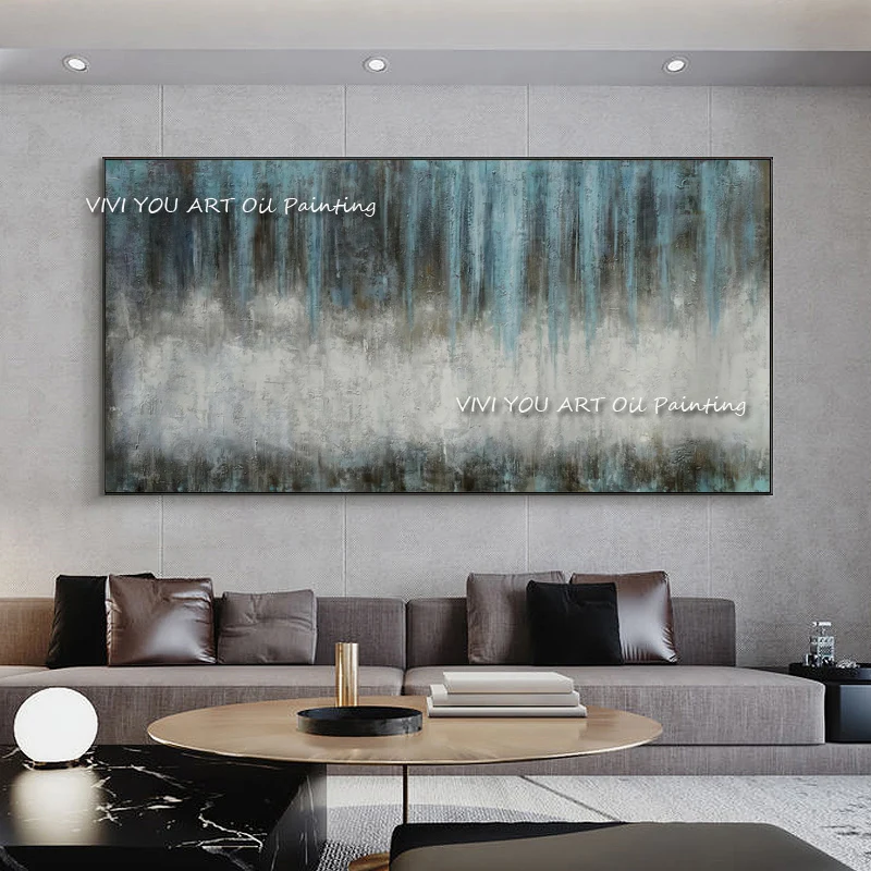 The Top Selling Gray 100% Handmade Modern Abstract Thick Oil Painting On Canvas Blue Knife Painting Wall Art Decor Unframed