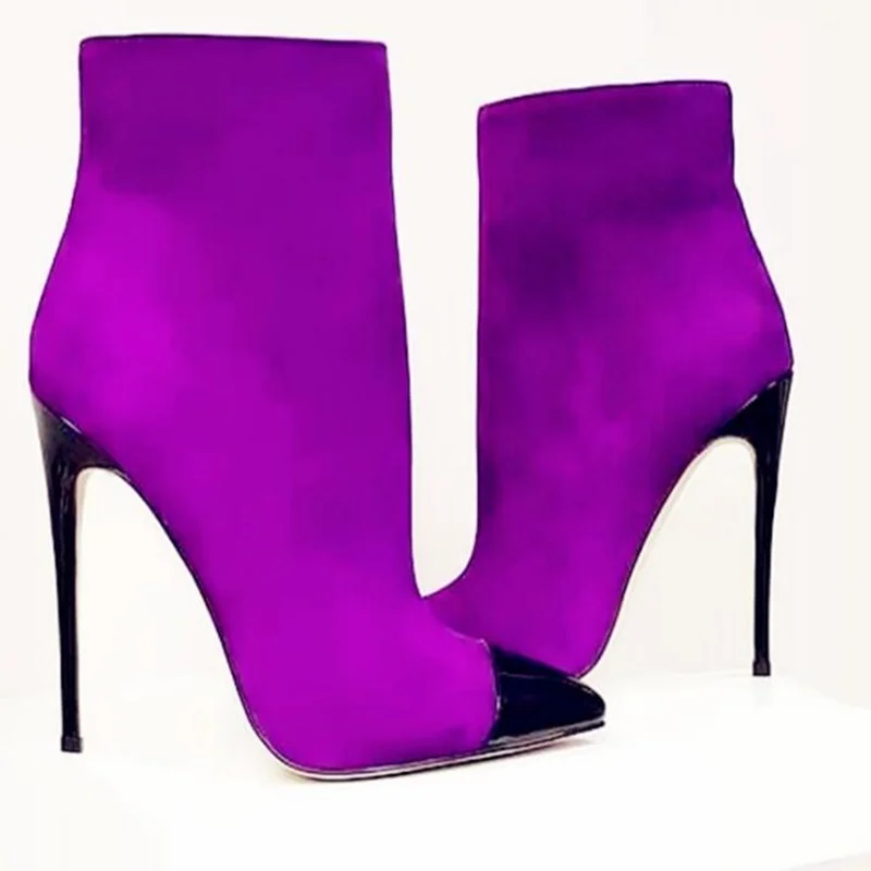 

Black Pointed Toe Ankle Boots Purple Red Suede Patchwork Stiletto Heels Dress Shoes Zipper Short Boot Dorp Ship